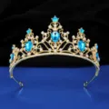 Elegant gold bridal tiara with blue teardrop crystals for wedding party hair accessories - Gold with Lake Blue