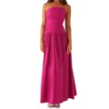 Macro view showing the textured magenta strapless ruched waist elegant maxi dress for women - Rose Red