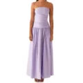Elegant lavender strapless ruched maxi dress featuring a pleated skirt on a model - S / Purple