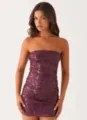 Detailed view of exquisite sequined floral embroidery on the plum mesh fabric of the dress - Burgundy