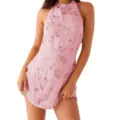 Close-up detail of a pink halter dress featuring floral embroidery and shimmering sequins - S / Pink