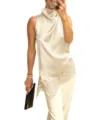 Satin halter neck sleeveless top with asymmetric lace hem elegant women wear style - Champagne