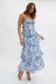 Elegant blue and white floral tiered maxi dress with slim-fit waist-cinching silhouette - S / Dark Blue
