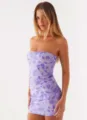 Fashionable lavender strapless bodycon mini dress with exquisite sequin floral patterns - S / Purple