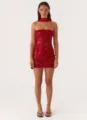 Elegant red strapless sequined bodycon mini dress paired with a matching neck scarf accessory - Red - Scarf Style