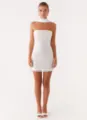 Elegant white sequin strapless bodycon mini dress featuring a matching neck scarf - White - Scarf Style