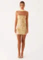 Elegant yellow sequined strapless mini dress with a matching neck scarf for summer wear. - Yellow - Snood Style