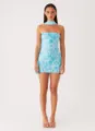 Light blue sequined tube mini dress with floral embroidery and matching scarf - Blue - Neck Scarf Style