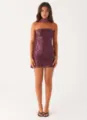 Sexy purple strapless bodycon mini dress with floral sequins and neck wrap - Wine Red - Snood Style