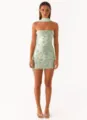 Elegant light green sequined strapless bodycon mini dress with floral embroidery patterns - Green - Snood Style
