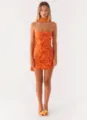Vibrant orange strapless sequined bodycon mini dress featuring a matching neck scarf accessory - Orange - Scarf Style