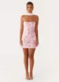 Elegant pink sequin strapless mini dress with matching neck scarf detail for party - Pink - Scarf Style