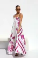 Elegant floral print maxi dress with spaghetti straps and high waist swing skirt - S / Dresses / Purple