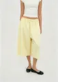 Women's light yellow wide-leg cropped pants with drawstring elastic waist in vintage style - S / Yellow