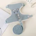 Blue mesh pet harness and leash set with cute bear patch for small dogs and cats. - Cloth Label in Blue