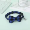 Adjustable blue and black plaid pet collar with decorative bow and silver bell - Sapphire Blue