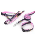 Juego de arnés correa y collar para perro de mezclilla duradera y nylon rosa para perros - Conjunto de 3 piezas rosa