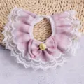 Elegant pink plaid pet bib collar featuring delicate lace trim and a bow with a gold button. - S / Pink