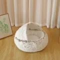 Plush semi-enclosed shell pet bed with long fur in cream color - 40CM / Tie-dye Coffee