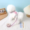 Close-up of pink patterned H-shaped adjustable pet harness and leash set on white dog - Size S (for 1-3.5kg) / Pink Cartoon Rabbit