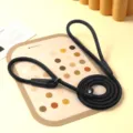Integrated P-chain dog leash with black braided round rope and leather connectors - Size M (0.8cm * 1.3m) / Black