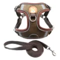 Close-up of brown suede pet harness with reflective trim and matching leash set - Brown Coffee