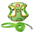 Detailed view of the lime green suede reflective pet harness and leash set - S / Green