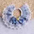 Blue plaid pet collar bib with elegant white lace trim and a cute golden button bow. - S / Sky Blue