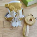 Yellow dog harness and leash set for small breeds featuring a large white lace bow - Yellow