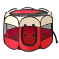Portable red and beige foldable octagonal pet playpen with mesh windows and zippered top - Off-white + Red