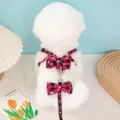 Pink plaid pet harness and leash set with snowflake bows for Christmas holiday outfit - Size M [Recommended 2-4.5kg] / Snowflake Dog Harness Pink