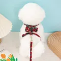 Christmas dog harness and leash set with red plaid fabric and white snowflake pattern - Snowflake H-Harness Red & Green [Long Leash Without Bow Tie]