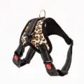 Side view detail of leopard print dog harness with reflective straps and red buckles - XS / K7 Leopard Print