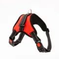 Detailed view of red reflective dog harness with safety buckles and mesh padding - K7 Red