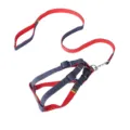 Durable denim dog harness and leash set with red lining and adjustable buckles - Size S - Width 1.0 cm / Red 2-Piece Set [Leash & Harness]