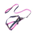 Durable denim and pink nylon pet harness and leash set with heavy duty metal hardware - Size S - Width 1.0 cm / Pink 2-Piece Set [Leash & Harness]