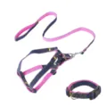 Durable 3-piece denim pet leash set including harness and collar with pink lining for dogs - Size S - Width 1.0 cm / Pink 3-Piece Set [Leash, Harness & Collar]