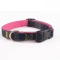Adjustable denim dog collar with pink nylon lining and heavy-duty black buckle - Size M - Width 1.5 cm / Single Collar Pink