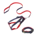 Durable denim dog harness leash and collar set with vibrant red lining 3-piece pet kit - Size S - Width 1.0 cm / Red 3-Piece Set [Leash, Harness & Collar]
