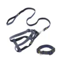 Professional durable navy blue denim dog harness leash and collar set for large dogs - Size S - Width 1.0 cm / Black 3-Piece Set [Leash, Harness & Collar]