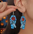 Close-up of Halloween acrylic coffin earrings featuring red rose and hand design - Light Blue Coffin Rose Style (WEH3435)