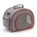 Grey portable pet carrier bag featuring vibrant red trim and a breathable mesh window design - S / Grey and Red