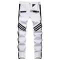 Men's white stretch slim-fit denim jeans with contrast black side stripes and moto pleats. - 38 / Bottoms / Black and White Patchwork