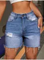 Close-up detail of high-waisted blue distressed denim shorts with stylish frayed hem - S / Bottoms / Dark Blue