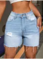 Close-up of high-waisted light blue denim shorts with distressed details and raw hem. - S / Bottoms / Light Blue