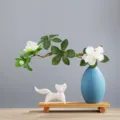 Vase en céramique bleue avec figurine de renard blanc et fleurs artificielles - Style Tang Petit Bleu Ensemble Renard