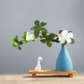 Elegant blue matte ceramic vase set with wooden base and white deer figurine ornament - Xinian Style Small Blue Giraffe Set