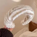 Fluffy wide hair hoop winter plush headband brown stripe hair accessories for daily wear - Beige And Coffee