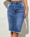 High-waisted blue denim pencil skirt featuring a frayed hem and front pockets for a chic look. - S / Bottoms / Blue