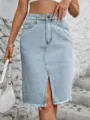 Close-up of high-waist denim skirt with front slit and frayed hem detail - XS / Bottoms / Light Blue